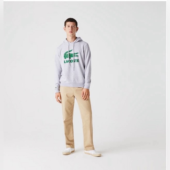 Lacoste Mens Long Sleeve Flocked Graphic Croc Hooded Sweatshirt Silver - Picture 5 of 6